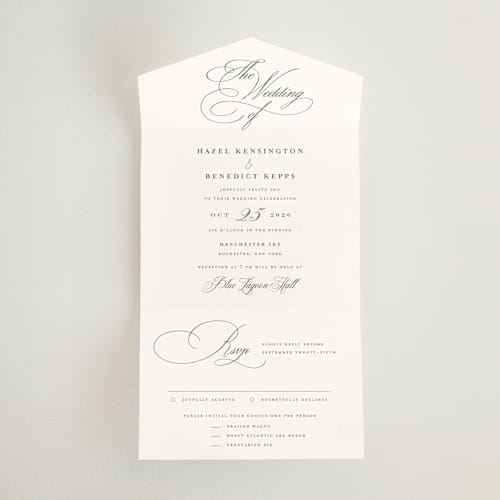 This is a pearl all in one wedding invitations with standard by chocomocacino called scamorza printing on strathmore in all-in-one