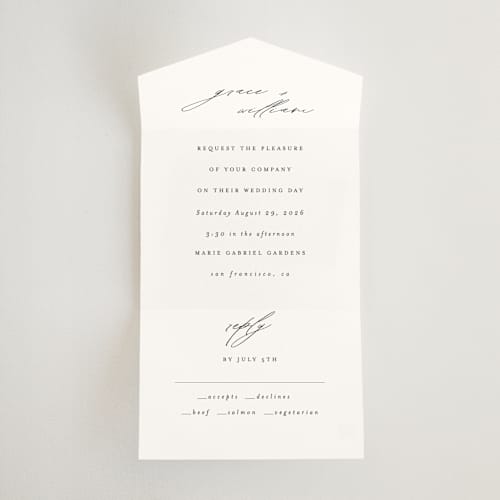 This is a cotton all in one wedding invitations with standard by Angela Thompson called delicate script printing on strathmore in all-in-one