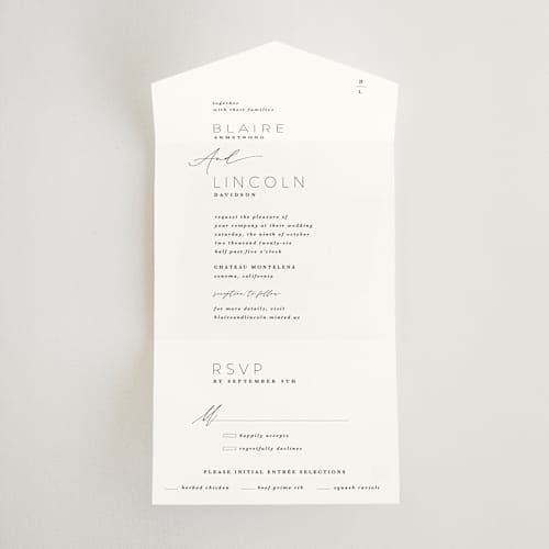 This is a tuxedo all in one wedding invitations with standard by Kate Ahn called paire printing on value cover in all-in-one