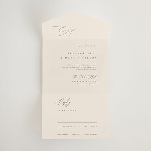 This is a linen all in one wedding invitations with standard by Kelly Schmidt called corner printing on value cover in all-in-one