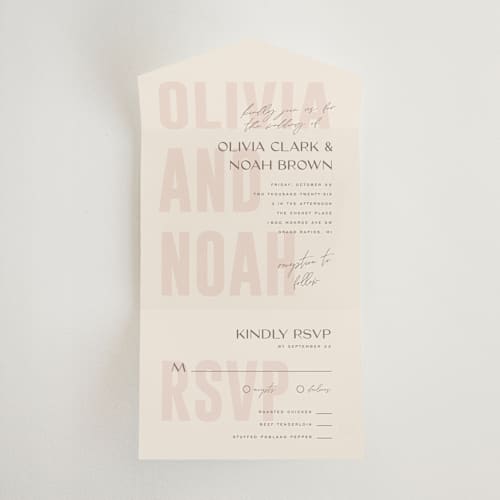 This is a blush all in one wedding invitations with standard by Pixel and Hank called salted printing on strathmore in all-in-one