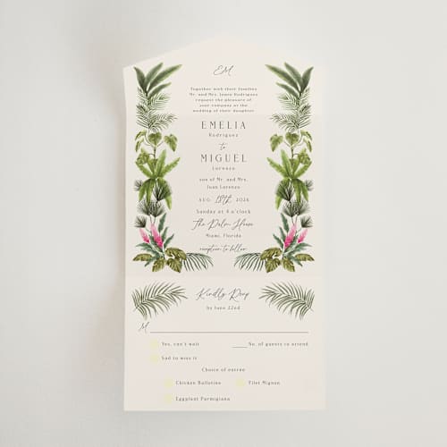 This is a lime all in one wedding invitations with standard by Elly called tropical garden printing on strathmore in all-in-one