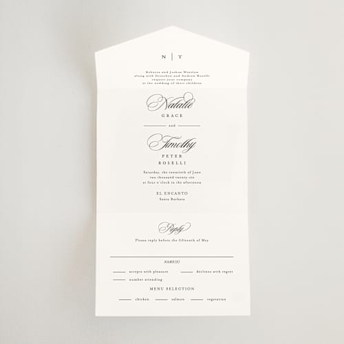 This is a noir all in one wedding invitations with standard by Kimberly FitzSimons called sincerity printing on strathmore in all-in-one