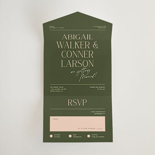 This is a olive all in one wedding invitations with standard by Pixel and Hank called martini printing on strathmore in all-in-one