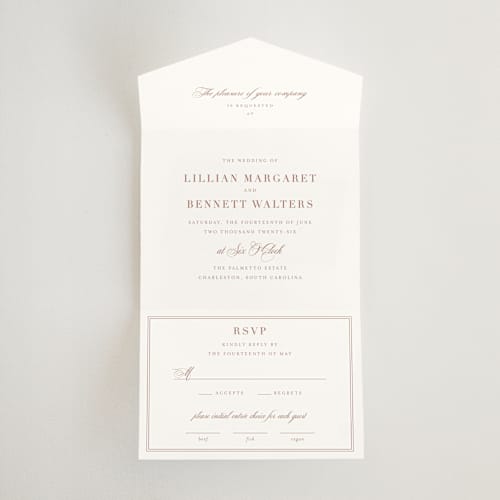 This is a blush all in one wedding invitations with standard by Megan Davis called charleston printing on value cover in all-in-one