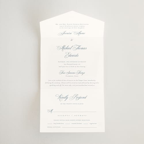 This is a dusty blue all in one wedding invitations with standard by Jennifer Postorino called empire printing on value cover in all-in-one
