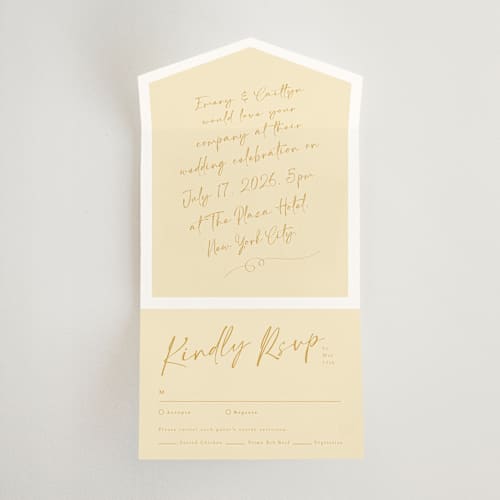 This is a honey all in one wedding invitations with standard by Adelyn T. called ink scribble printing on value cover in all-in-one