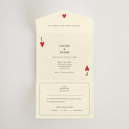 This is a champagne all in one wedding invitations with standard by Helena Vitto called red hearts printing on strathmore in all-in-one