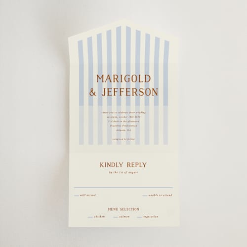 This is a wave all in one wedding invitations with standard by Kelly Watkins called stripes printing on strathmore in all-in-one