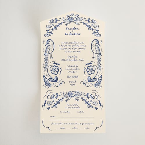 This is a marseille bleu all in one wedding invitations with standard by Ani Somi called santa catalina printing on strathmore in all-in-one