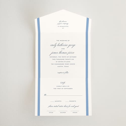 This is a blue bell all in one wedding invitations with standard by Megan Davis called montauk printing on strathmore in all-in-one