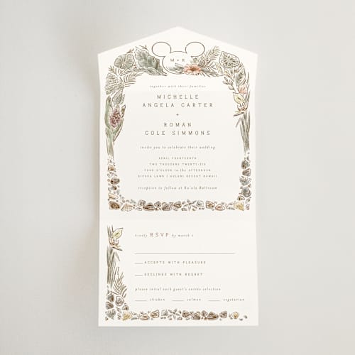 This is a earth all in one wedding invitations with standard by Shiny Penny Studio called disney's mickey mouse tropical frame printing on strathmore in all-in-one