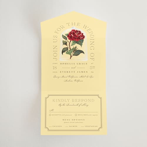 This is a mimosa all in one wedding invitations with standard by Leah Bisch called enchanted rose from disney's beauty & the beast printing on strathmore in all-in-one