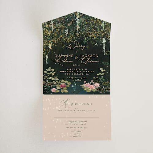 This is a mystic all in one wedding invitations with standard by Phrosné Barwood called new orleans from disney's princess and the frog printing on strathmore in all-in-one