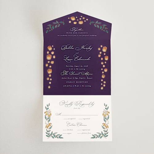 This is a twilight all in one wedding invitations with standard by Simona Camp called disney's tangled lanterns printing on strathmore in all-in-one