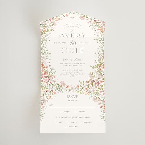 This is a peony all in one wedding invitations with standard by Jennifer Wick called avery printing on strathmore in all-in-one