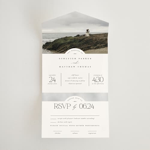 This is a cloud all in one wedding invitations with standard by Heather Schertzer called panoramic printing on strathmore in all-in-one