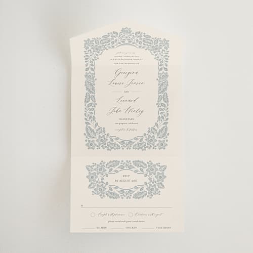 This is a dusty blue all in one wedding invitations with standard by Jen Owens called embroidered printing on strathmore in all-in-one