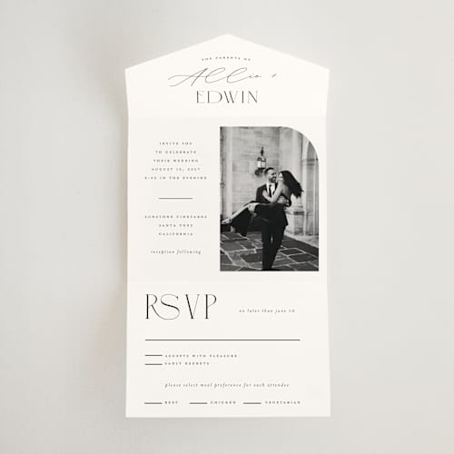 This is a pearl all in one wedding invitations with standard by Christie Garcia called everly printing on strathmore in all-in-one