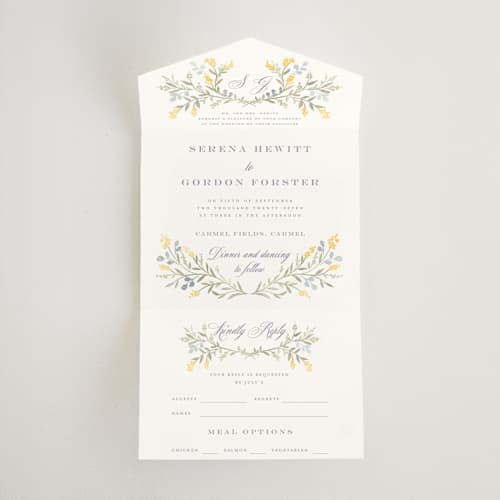 This is a spring all in one wedding invitations with standard by Petra Kern called monogrammed printing on strathmore in all-in-one