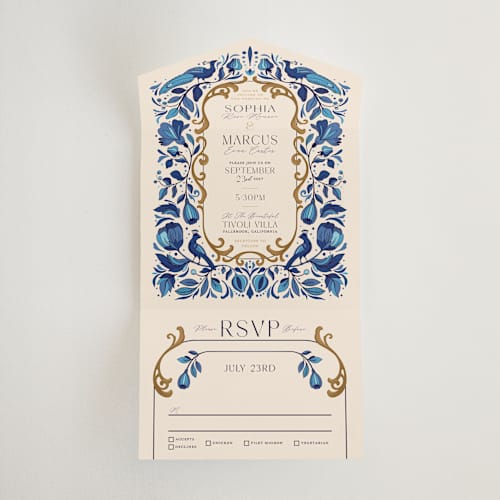 This is a cerulean all in one wedding invitations with standard by GeekInk Design called gilded printing on strathmore in all-in-one