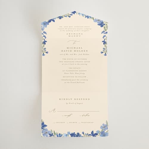 This is a blueberry all in one wedding invitations with standard by Creo Study called nilgiri printing on strathmore in all-in-one