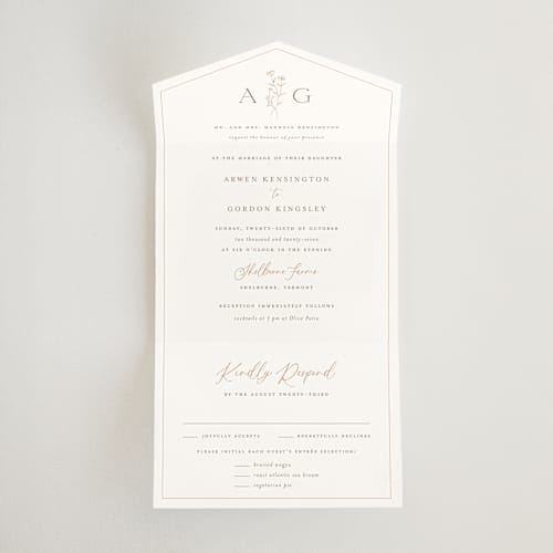 This is a chiffon all in one wedding invitations with standard by chocomocacino called kouignette printing on strathmore in all-in-one