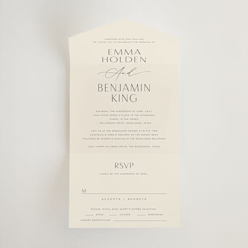 This is a porcelain all in one wedding invitations with standard by Jennifer Postorino called glide printing on strathmore in all-in-one