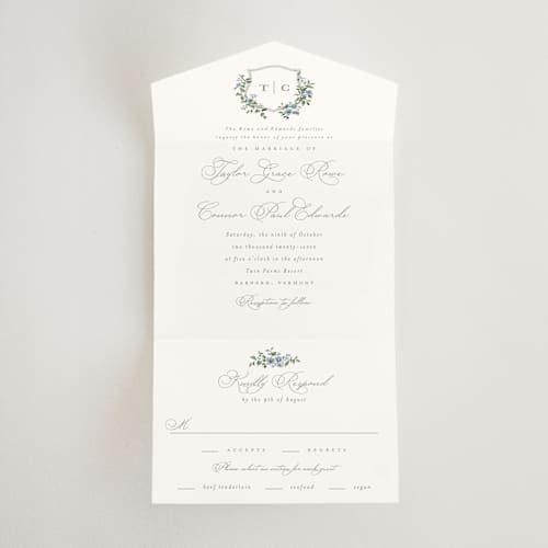 This is a sky all in one wedding invitations with standard by Everett Paper Goods called foliage crest printing on strathmore in all-in-one