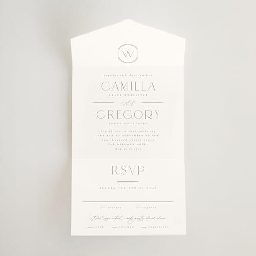 This is a latte all in one wedding invitations with standard by Kristie Kern called the hudson printing on strathmore in all-in-one