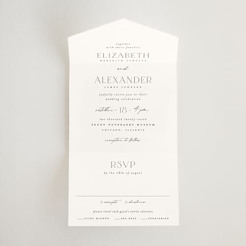 This is a cotton all in one wedding invitations with standard by Carolyn Nicks called grande printing on strathmore in all-in-one