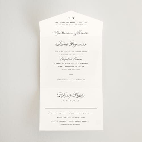 This is a snow all in one wedding invitations with standard by Brandy Folse called classically elegant printing on strathmore in all-in-one