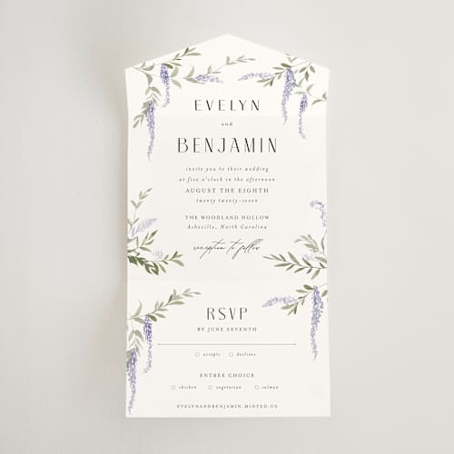 This is a lavender all in one wedding invitations with standard by Design Lotus called enchanted evening printing on strathmore in all-in-one