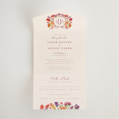 This is a autumn all in one wedding invitations with standard by Pink House Press called crest fall printing on strathmore in all-in-one