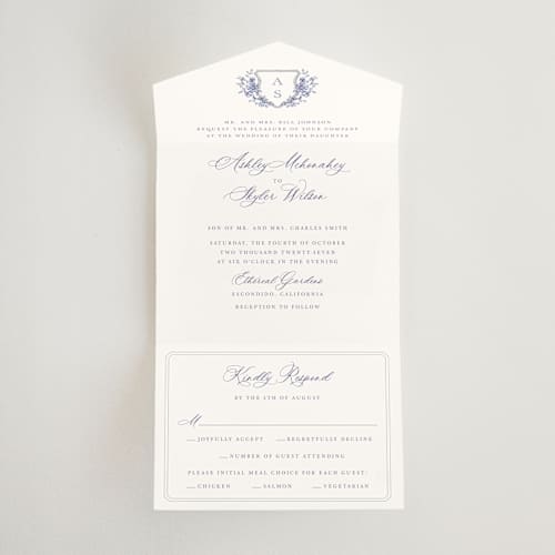 This is a dusty blue all in one wedding invitations with standard by Cass Loh called watercolor flowers crest printing on strathmore in all-in-one