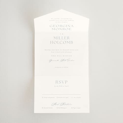 This is a dusty blue all in one wedding invitations with standard by Stacey Meacham called modern air printing on strathmore in all-in-one