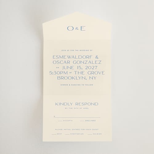 This is a cerulean all in one wedding invitations with standard by Ellen Schlegelmilch called brooklyn printing on strathmore in all-in-one