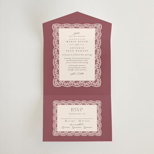 This is a mauve all in one wedding invitations with standard by Erica Krystek called chantilly printing on strathmore in all-in-one