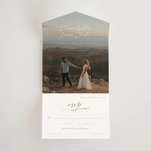 This is a chiffon all in one wedding invitations with standard by Orasie called full photo printing on strathmore in all-in-one