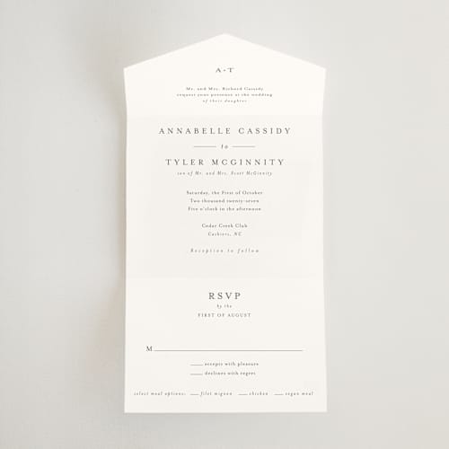This is a cotton all in one wedding invitations with standard by Stacey Meacham called cedar creek printing on strathmore in all-in-one