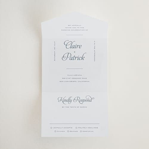 This is a powder all in one wedding invitations with standard by Carolyn MacLaren called modernne printing on strathmore in all-in-one