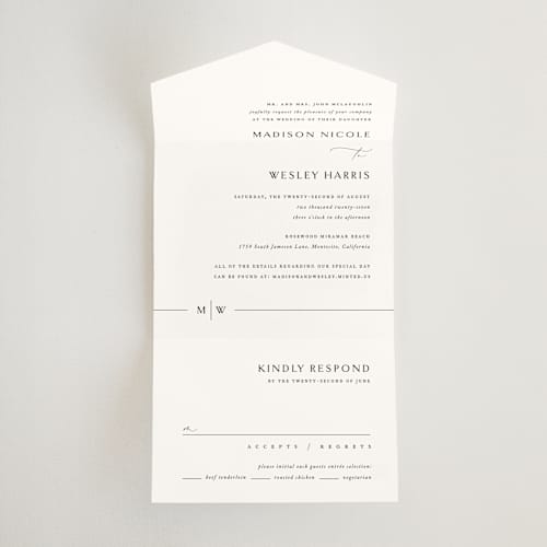 This is a cotton all in one wedding invitations with standard by Jennifer Postorino called align printing on strathmore in all-in-one