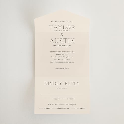 This is a linen all in one wedding invitations with standard by Vanessa Doyle called in love printing on strathmore in all-in-one