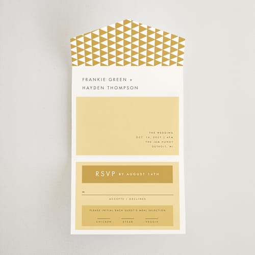 This is a buttercup all in one wedding invitations with standard by Snow and Ivy called colorfield printing on strathmore in all-in-one