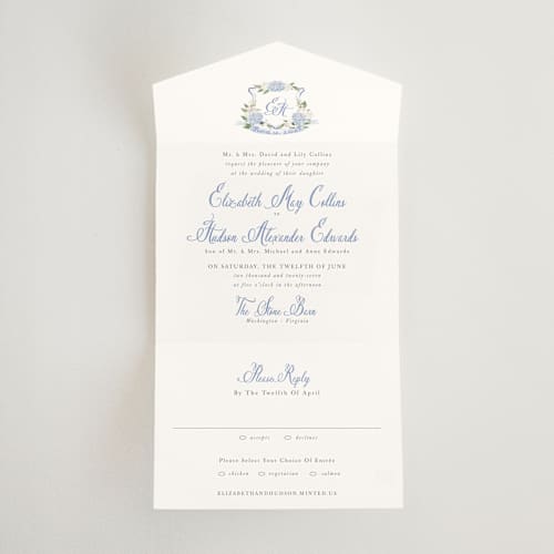 This is a periwinkle all in one wedding invitations with standard by Design Lotus called sweethearts printing on strathmore in all-in-one