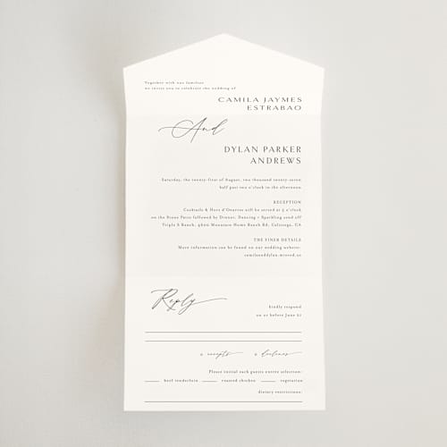 This is a onyx all in one wedding invitations with standard by Jennifer Postorino called graceful printing on strathmore in all-in-one