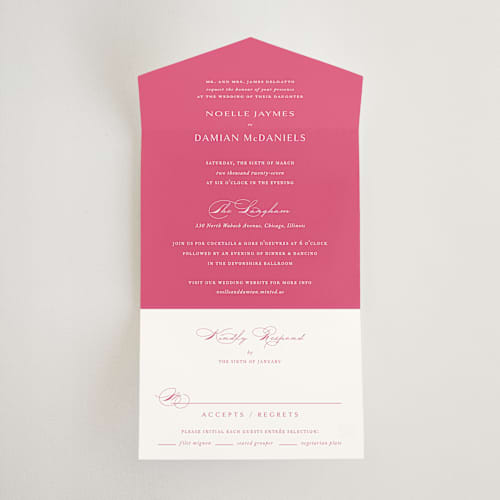 This is a carnation all in one wedding invitations with standard by Jennifer Postorino called everlasting printing on strathmore in all-in-one