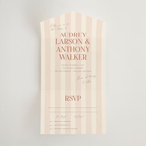 This is a butter all in one wedding invitations with standard by Pixel and Hank called ambrosial printing on strathmore in all-in-one