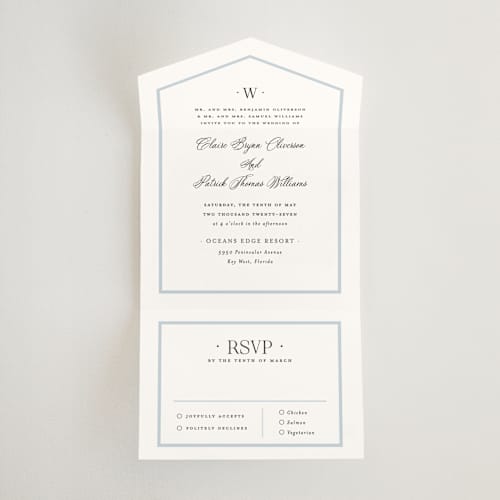 This is a hydrangea all in one wedding invitations with standard by Carolyn MacLaren called dotted classic printing on strathmore in all-in-one