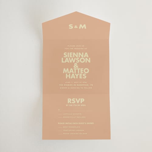 This is a salmon all in one wedding invitations with standard by Ellen Schlegelmilch called sienna printing on strathmore in all-in-one